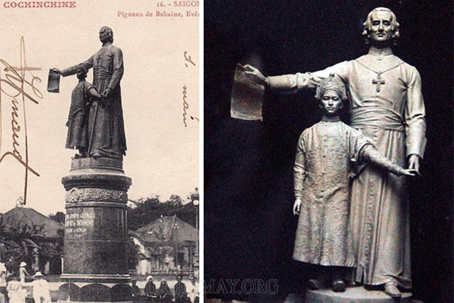 Bức tượng Cha Cả và thái tử Nguyễn Phúc Cảnh xưa kia được đặt tại trước nhà thờ Đức Bà - Sài Gòn