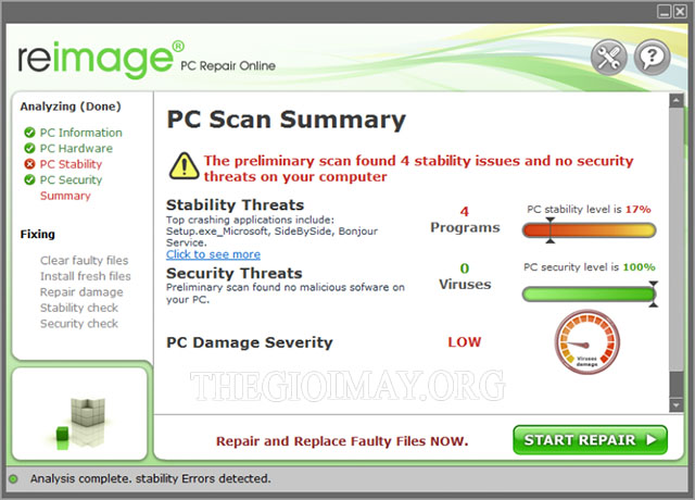 Giao diện phần mềm tự sửa chữa Reimage Repair