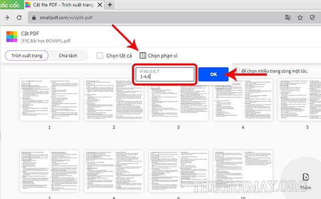 Chọn phạm vi trang cần tách 