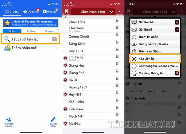Hình minh họa bước 2, 3, 4, 5 cách xóa danh bạ trên iphone bằng Group