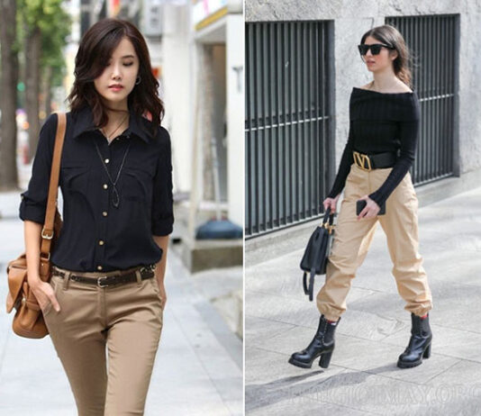 Quần màu be mix áo đen cùng phụ kiện mang đến phong cách cá tính